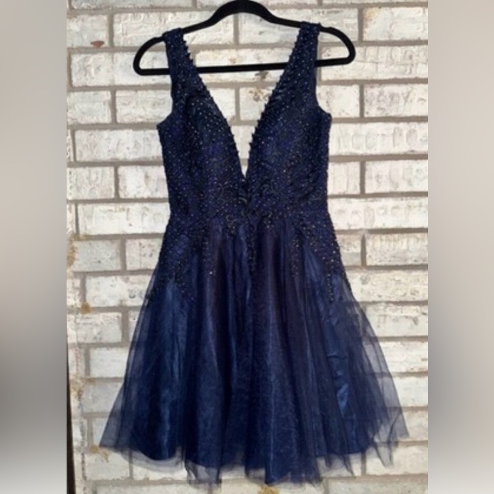 HOCO Dress Navy Giani Bernini GB Formal Tulle Rhinestone Short Formal Sz 5 Small
